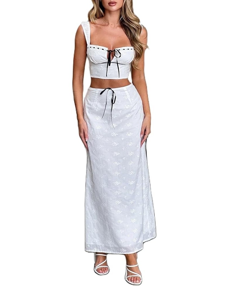 Women Y2k 2 Piece Maxi Skirt Set Sleeveless Crop Top Slim Fit Long Skirt Sexy Party Streetwear Outfits E 66 White $16.23 Suits