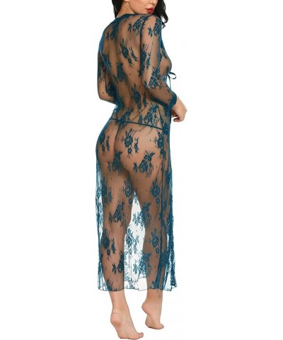 Lingerie for Women Sexy Long Lace Dress Sheer Gown See Through Kimono Robe Peacock Blue $12.87 Sleep & Lounge