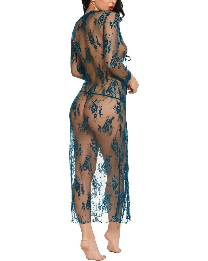 Lingerie for Women Sexy Long Lace Dress Sheer Gown See Through Kimono Robe Peacock Blue $12.87 Sleep & Lounge