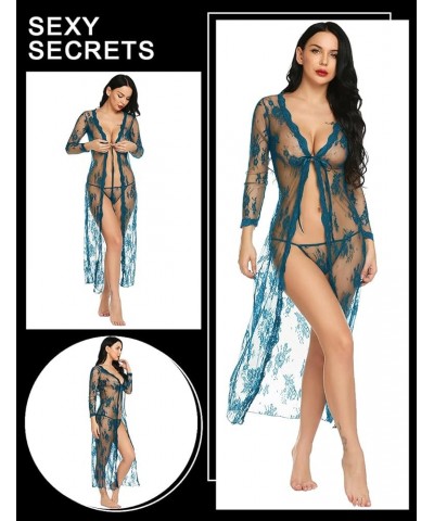 Lingerie for Women Sexy Long Lace Dress Sheer Gown See Through Kimono Robe Peacock Blue $12.87 Sleep & Lounge