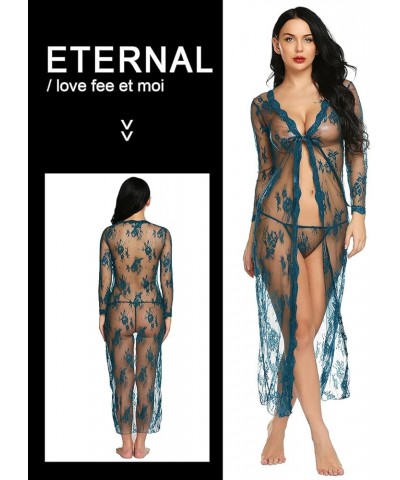 Lingerie for Women Sexy Long Lace Dress Sheer Gown See Through Kimono Robe Peacock Blue $12.87 Sleep & Lounge