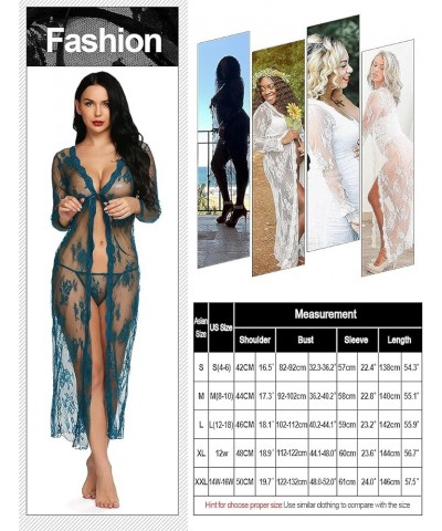 Lingerie for Women Sexy Long Lace Dress Sheer Gown See Through Kimono Robe Peacock Blue $12.87 Sleep & Lounge