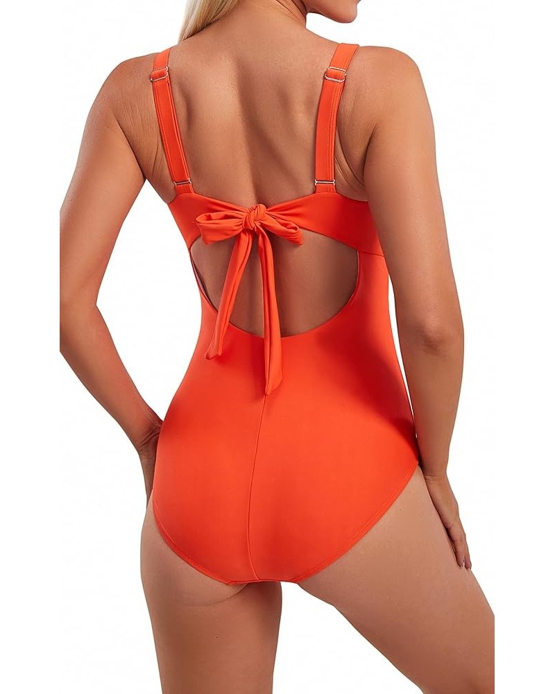 Womens Swimsuits Tummy Control V Neck One Piece Bathing Suit High Waisted Belly-Ruched Padded Swimsuit Orange $12.31 Swimsuits