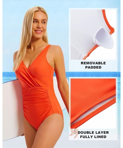 Womens Swimsuits Tummy Control V Neck One Piece Bathing Suit High Waisted Belly-Ruched Padded Swimsuit Orange $12.31 Swimsuits