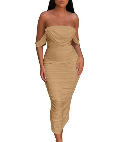 Women's Sexy Ruched Bodycon Strapless Off Shoulder Midi Club Party Tube Dresses Khaki $16.81 Dresses