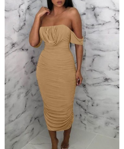 Women's Sexy Ruched Bodycon Strapless Off Shoulder Midi Club Party Tube Dresses Khaki $16.81 Dresses