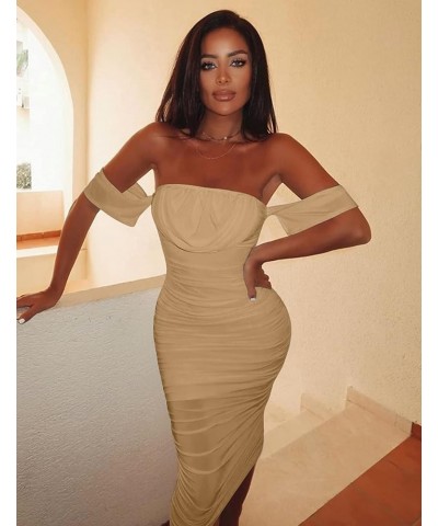 Women's Sexy Ruched Bodycon Strapless Off Shoulder Midi Club Party Tube Dresses Khaki $16.81 Dresses