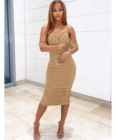 Women's Sexy Ruched Bodycon Strapless Off Shoulder Midi Club Party Tube Dresses Khaki $16.81 Dresses