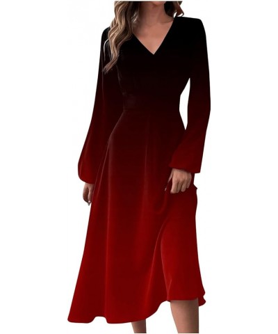 Women Dresses Women's Autumn and Winter Casual Fashion V-Neck Long Sleeve Gradient Print Long Dress 1-red $13.20 Activewear