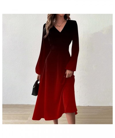 Women Dresses Women's Autumn and Winter Casual Fashion V-Neck Long Sleeve Gradient Print Long Dress 1-red $13.20 Activewear