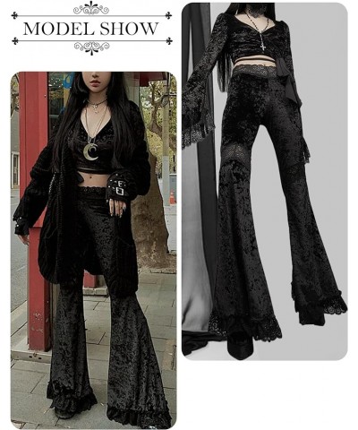 Women Gothic Flared Pants High Waisted Steampunk Velvet Bell Bottom Pants Elastic Waist 70s Bootcut Leggings Rave Clothes Bla...