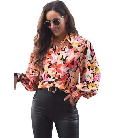 Womens Casual Button Down Shirts Printed Boho Loose Blouses Lantern Long Sleeve V Neck Spring Summer Tops Floral Multicolor03...