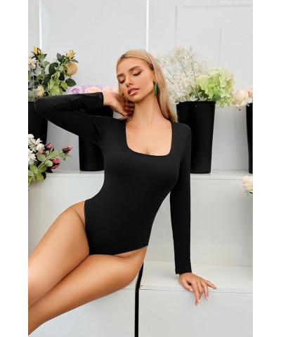 Square Neck Long Sleeve Double Lined Bodysuit for Women Soft Modal Body Suit 07-black $14.07 Bodysuits