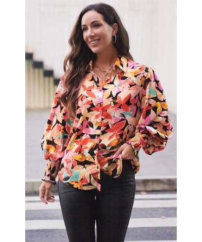 Womens Casual Button Down Shirts Printed Boho Loose Blouses Lantern Long Sleeve V Neck Spring Summer Tops Floral Multicolor03...