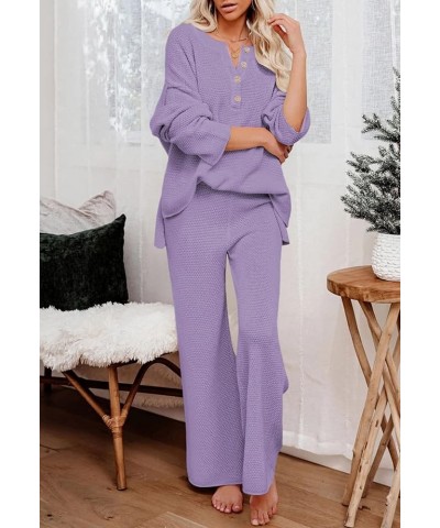 Women's Casual Two Piece Outfits - Henley Button V Neck Loose Fit Fall Winter with Long Sleeve Pants Set Purple Taro $26.51 A...