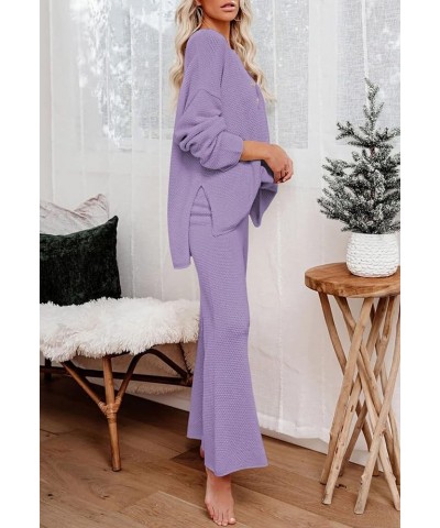 Women's Casual Two Piece Outfits - Henley Button V Neck Loose Fit Fall Winter with Long Sleeve Pants Set Purple Taro $26.51 A...