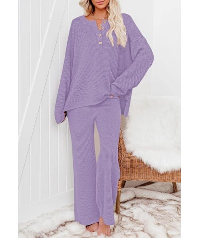 Women's Casual Two Piece Outfits - Henley Button V Neck Loose Fit Fall Winter with Long Sleeve Pants Set Purple Taro $26.51 A...