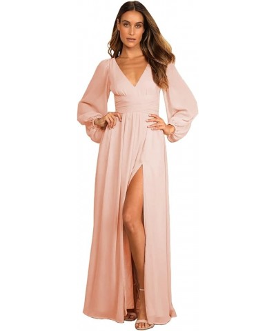 V Neck Chiffon Bridesmaid Dresses with Sleeve Long for Women A Line Slit Formal Dresses WD059 Blush $29.90 Dresses