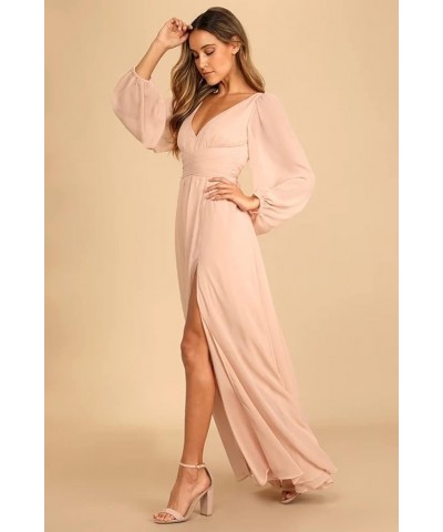 V Neck Chiffon Bridesmaid Dresses with Sleeve Long for Women A Line Slit Formal Dresses WD059 Blush $29.90 Dresses