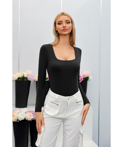 Square Neck Long Sleeve Double Lined Bodysuit for Women Soft Modal Body Suit 07-black $14.07 Bodysuits