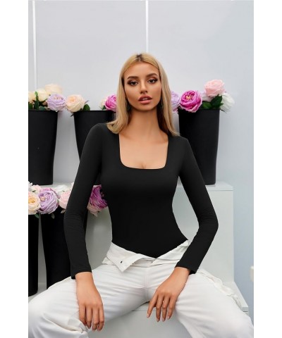 Square Neck Long Sleeve Double Lined Bodysuit for Women Soft Modal Body Suit 07-black $14.07 Bodysuits