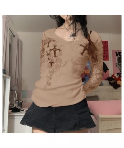 Women Y2k Grunge Shirt Clothes Vintage Print Rhinestone Crop Top Graphic Long Sleeve Slim Fit Blouse Tee 90s Egirl Sexy Brown...