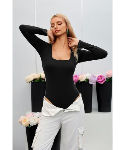 Square Neck Long Sleeve Double Lined Bodysuit for Women Soft Modal Body Suit 07-black $14.07 Bodysuits