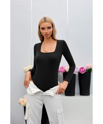 Square Neck Long Sleeve Double Lined Bodysuit for Women Soft Modal Body Suit 07-black $14.07 Bodysuits