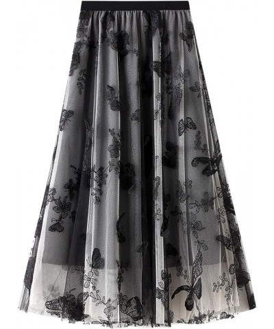 Women's Tutu Tulle Skirt Elastic High Waist Layered Midi Skirt Floral Lace Embroidery Mesh A-Line Skirt Clear Black-d $10.35 ...