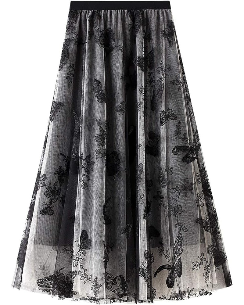 Women's Tutu Tulle Skirt Elastic High Waist Layered Midi Skirt Floral Lace Embroidery Mesh A-Line Skirt Clear Black-d $10.35 ...