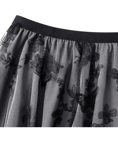 Women's Tutu Tulle Skirt Elastic High Waist Layered Midi Skirt Floral Lace Embroidery Mesh A-Line Skirt Clear Black-d $10.35 ...