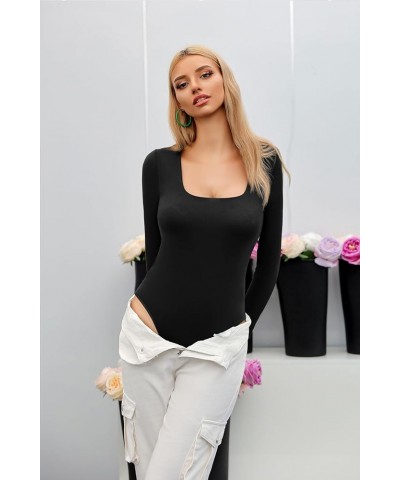 Square Neck Long Sleeve Double Lined Bodysuit for Women Soft Modal Body Suit 07-black $14.07 Bodysuits