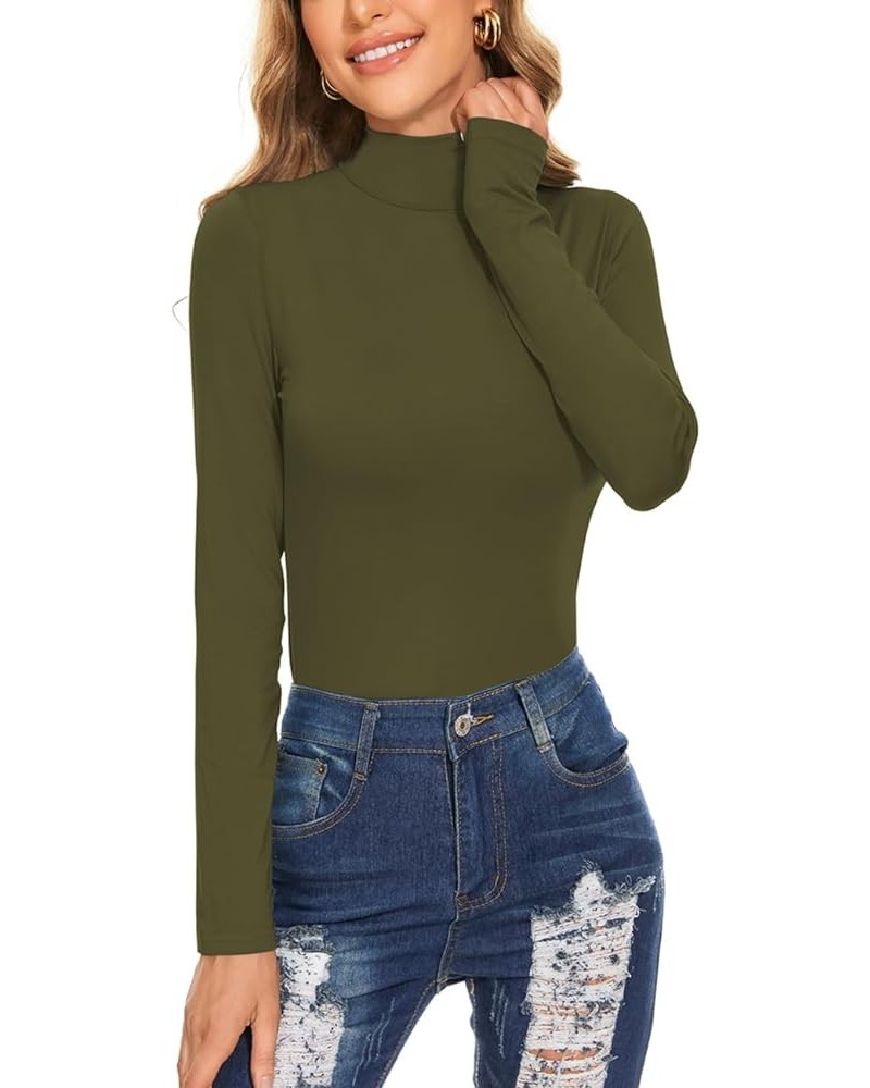 Women's Long Sleeve Mock Turtleneck Tops Casual Slim Fitted Lightweight Under Layer Pullover Shirts Army Green $8.75 Underwear