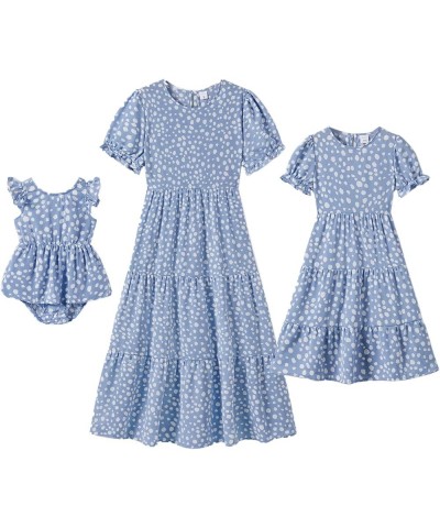 Mommy and Me Dresses Summer Casual Boho Matching Outfits Ruffle Puff Sleeve High Waist Midi Beach Maxi Dress Blue $9.43 Dresses