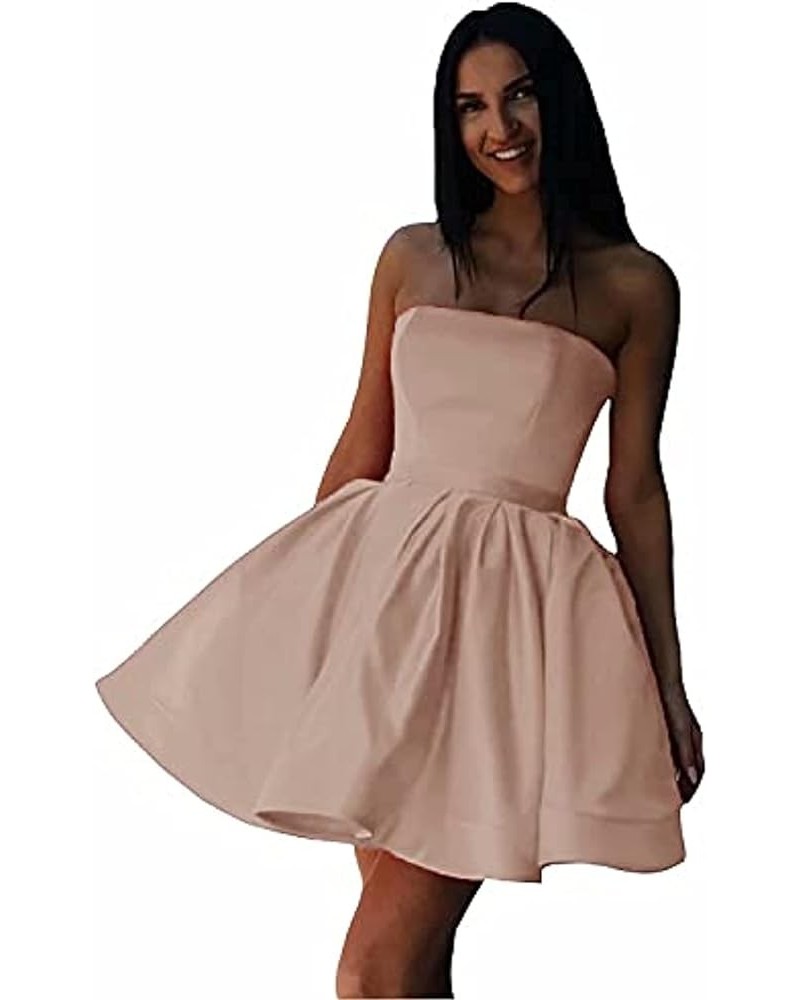 Women's Strapless Short Satin Homecoming Dresses A-line Corset Back Party Gowns with Pockets Pale Pink $20.37 Dresses