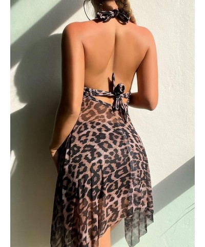 Women's 2 Piece Leopard Print Halter Swimwear Set Hanky Hem Top and Shorts Swimsuit Multicolor $10.79 Swimsuits