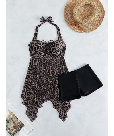 Women's 2 Piece Leopard Print Halter Swimwear Set Hanky Hem Top and Shorts Swimsuit Multicolor $10.79 Swimsuits