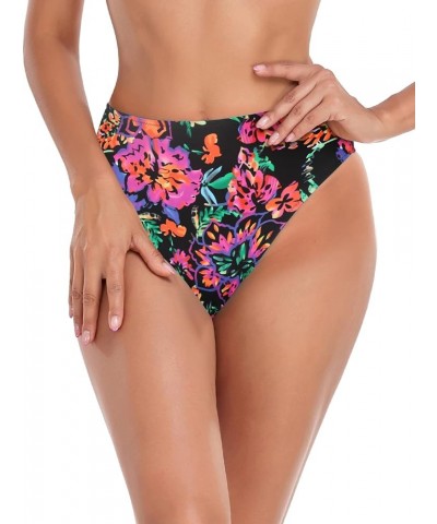 Women's High Cut Bikini Bottom Black-fuchsia Floral $11.21 Swimsuits