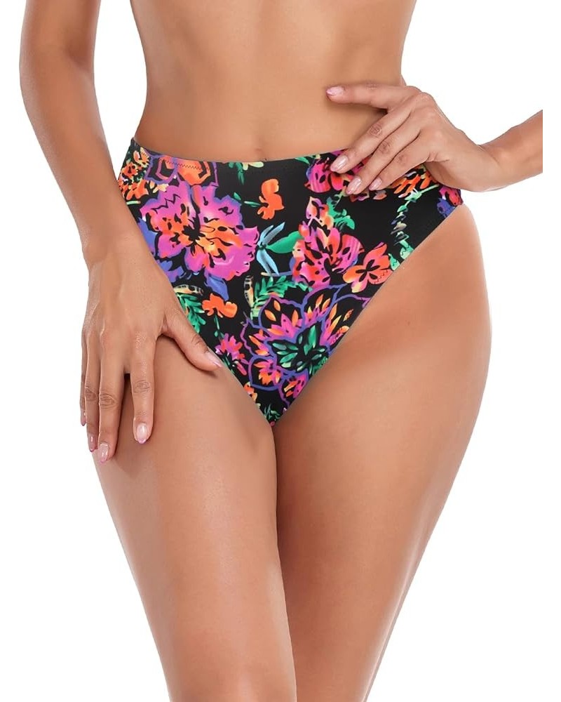 Women's High Cut Bikini Bottom Black-fuchsia Floral $11.21 Swimsuits