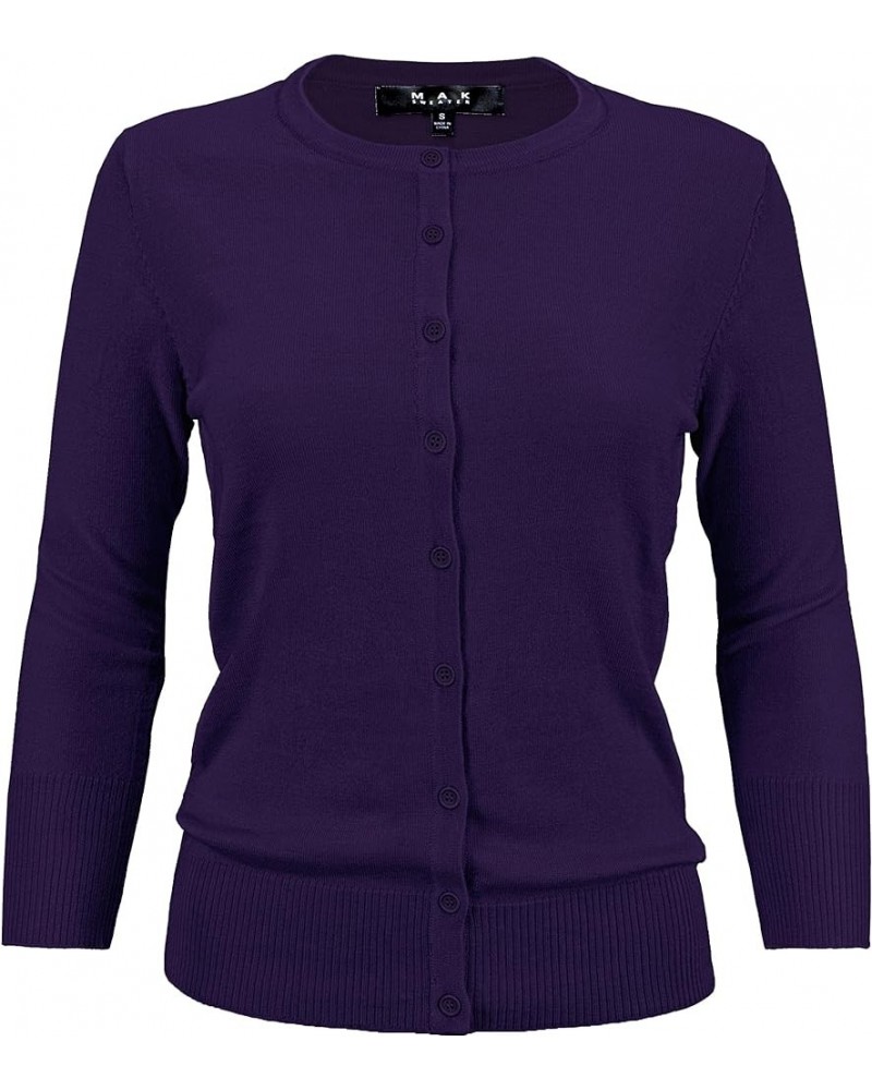 Women's Knit Cardigan Sweater – 3/4 Sleeve Crewneck Basic Classic Casual Button Down Soft Lightweight Top (S-3XL) Grape $13.1...