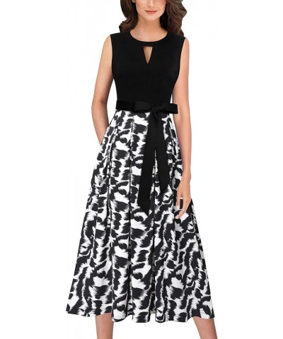 Womens Elegant Patchwork Pockets Print Work Casual A-Line Midi Dress Black and White Abstract Print-2 $25.19 Dresses