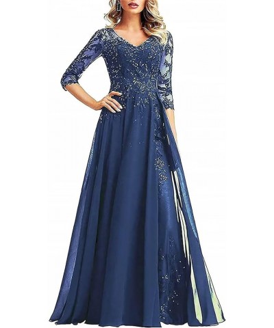 Lace Applique Mother of The Bride Dresses Long Chiffon Formal Evening Gowns V Neck Mother of The Groom Dresses Dark Blue $39....