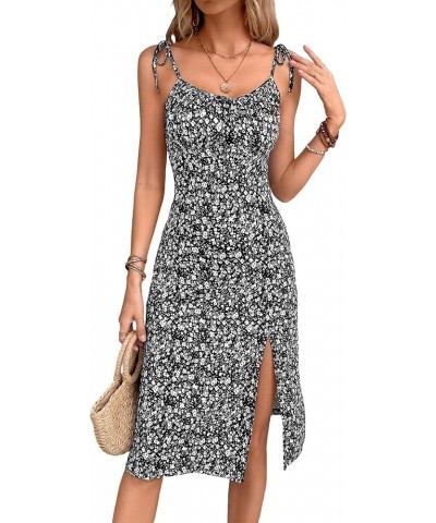 Women's Ditsy Floral Tie Shoulder Sleeveless Ruched Split Thigh Cami Dress Black $21.83 Dresses