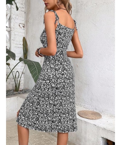 Women's Ditsy Floral Tie Shoulder Sleeveless Ruched Split Thigh Cami Dress Black $21.83 Dresses