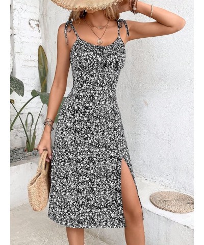 Women's Ditsy Floral Tie Shoulder Sleeveless Ruched Split Thigh Cami Dress Black $21.83 Dresses