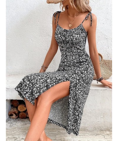 Women's Ditsy Floral Tie Shoulder Sleeveless Ruched Split Thigh Cami Dress Black $21.83 Dresses