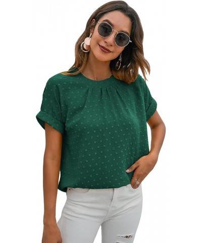 Women's Casual Swiss Dots Crew Neck Short Sleeve Pleated Work Blouse Top Shirt Green Dark $12.04 Blouses