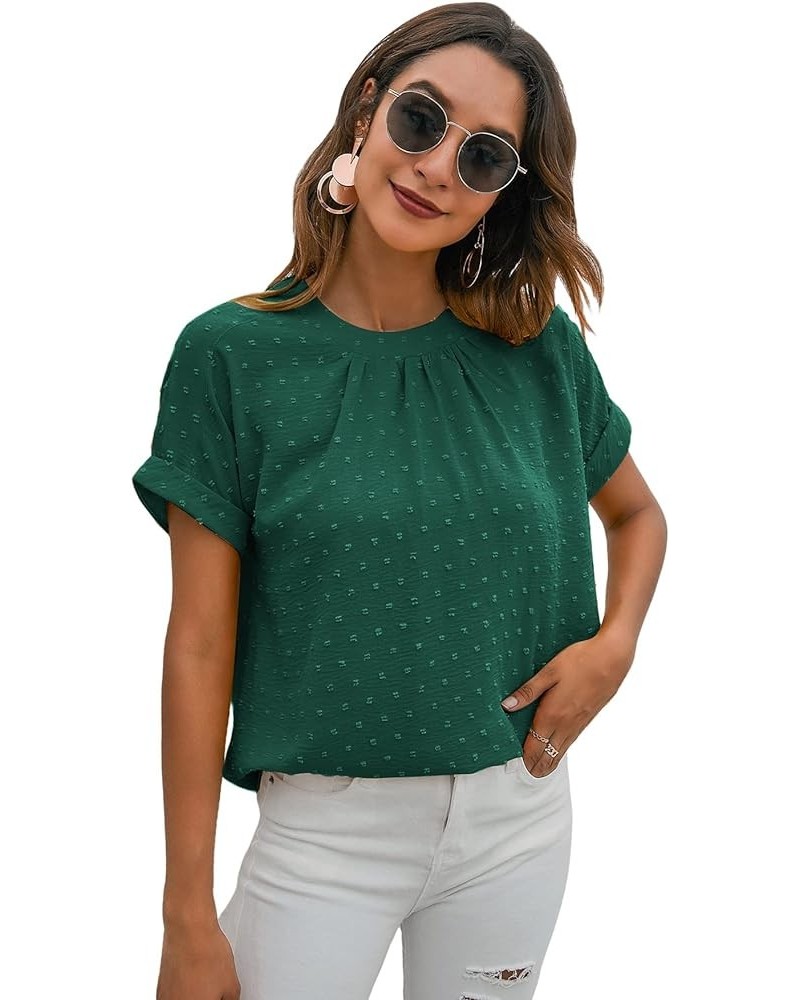 Women's Casual Swiss Dots Crew Neck Short Sleeve Pleated Work Blouse Top Shirt Green Dark $12.04 Blouses