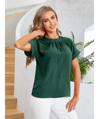 Women's Casual Swiss Dots Crew Neck Short Sleeve Pleated Work Blouse Top Shirt Green Dark $12.04 Blouses