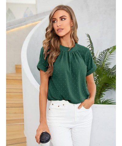 Women's Casual Swiss Dots Crew Neck Short Sleeve Pleated Work Blouse Top Shirt Green Dark $12.04 Blouses